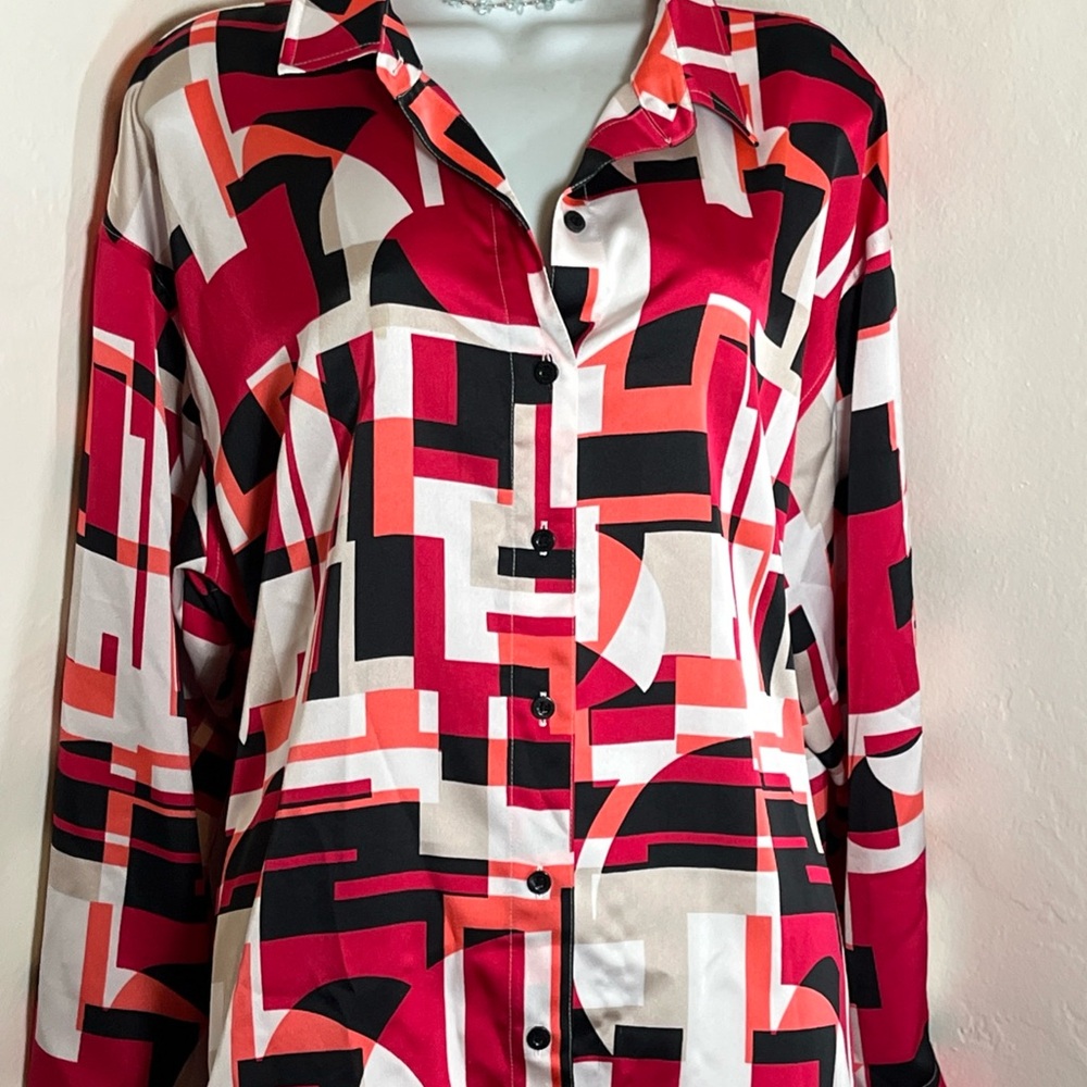Karl Lagerfeld Geometric Button-Front Blouse in Red, Coral, Black, White